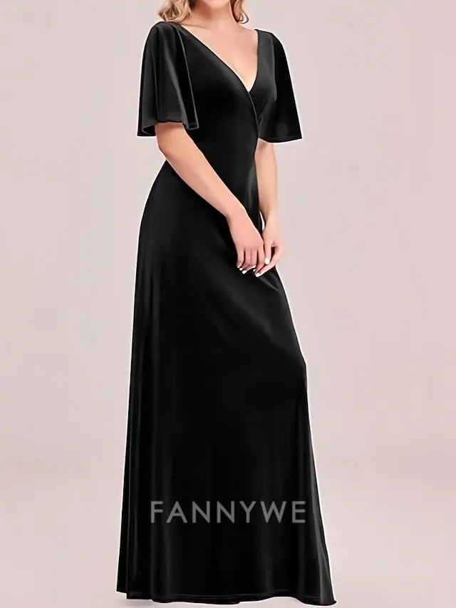 FannyWe Simple A-Line Prom Dresses Elegant Dress Party Wear Prom Floor Length Short Sleeve V Neck Velvet with Criss Cross